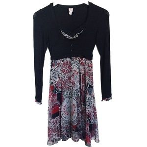 TRISTAN Paisley Print Twofer Long Sleeve With Faux Button Dress Black Size XS